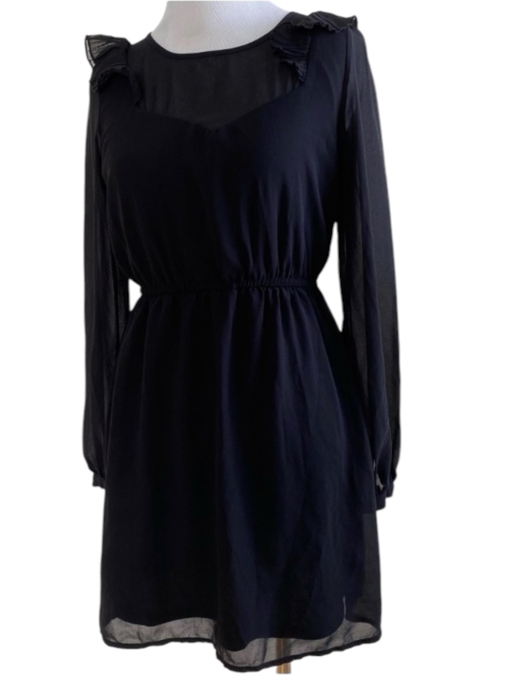 FOREVER 21 BLACK DRESS LONG SLEEVE SEMI SHEER SMALL LBD COCKTAIL PARTY